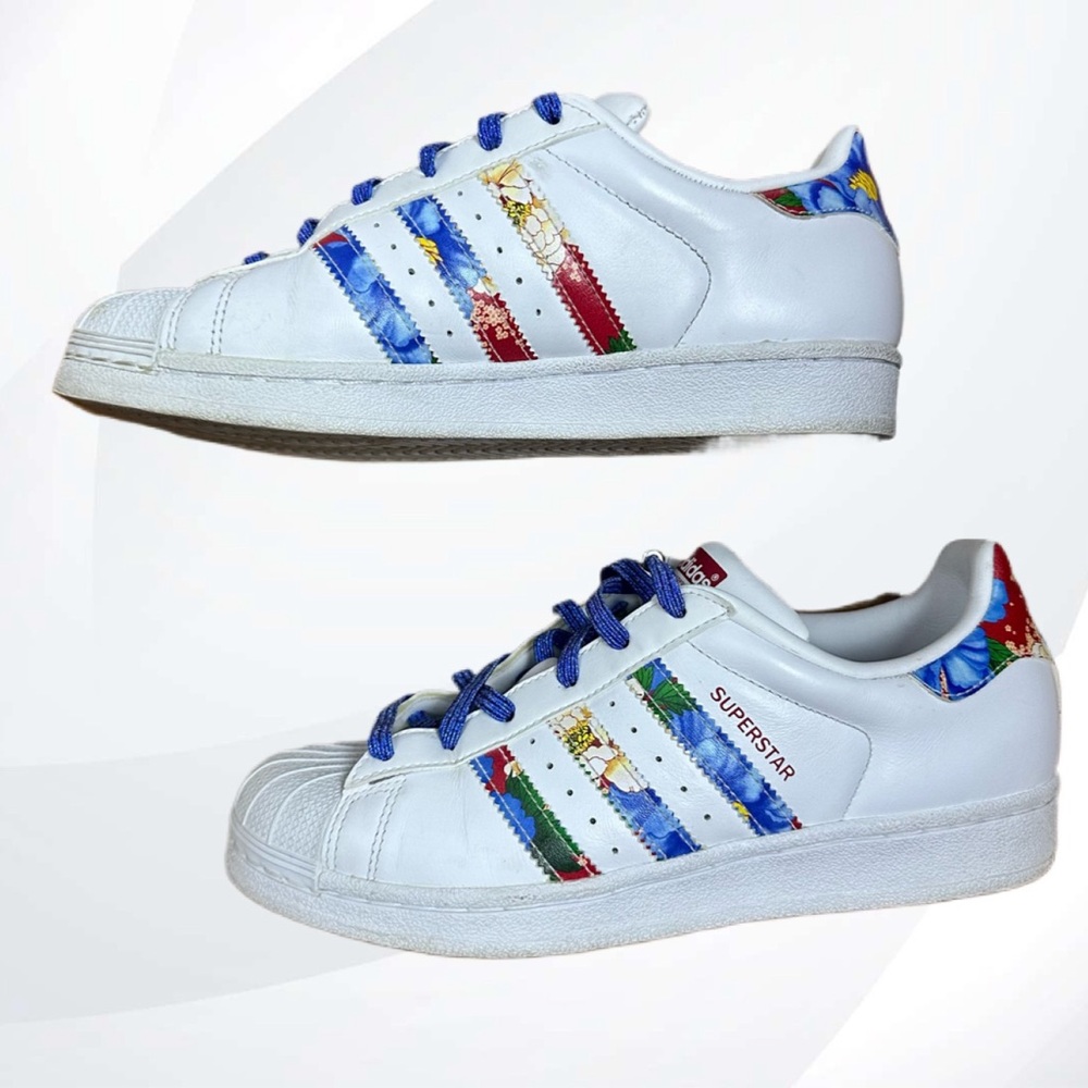 Adidas Superstar White and Blue Graphic Sneakers